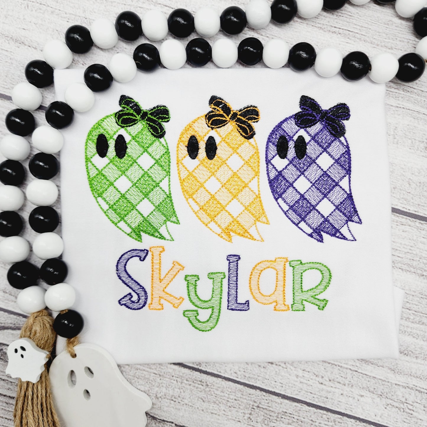Gingham Ghost with Bow Personalized Halloween Shirt for Girls