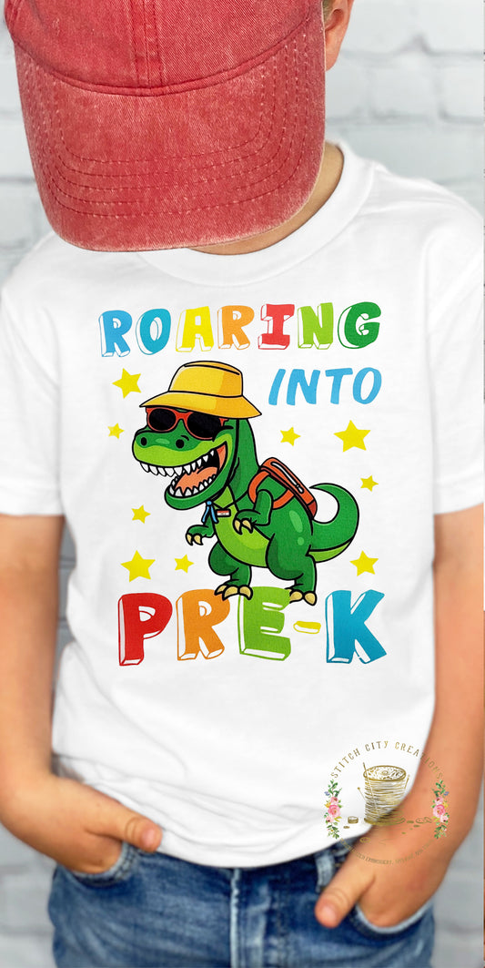 Roaring into Pre-K Dinosaur Back To School Boy Shirt
