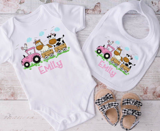 Tractor and Farm Animals Onesie and Bib Set Personalized