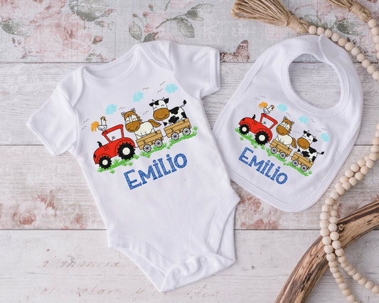 Tractor and Farm Animals Onesie and Bib Set Personalized