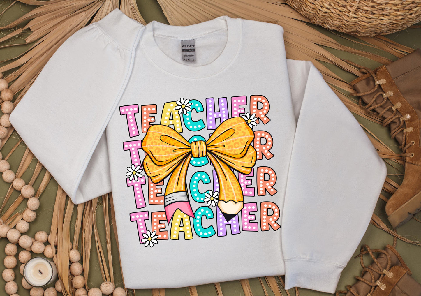 Coquette Teacher Sweatshirt | Back to School Teacher | Leopard Bow Pencil Daisy Aesthetic