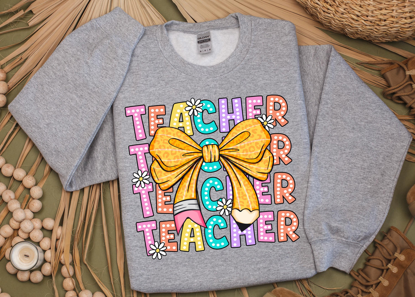 Coquette Teacher Sweatshirt | Back to School Teacher | Leopard Bow Pencil Daisy Aesthetic