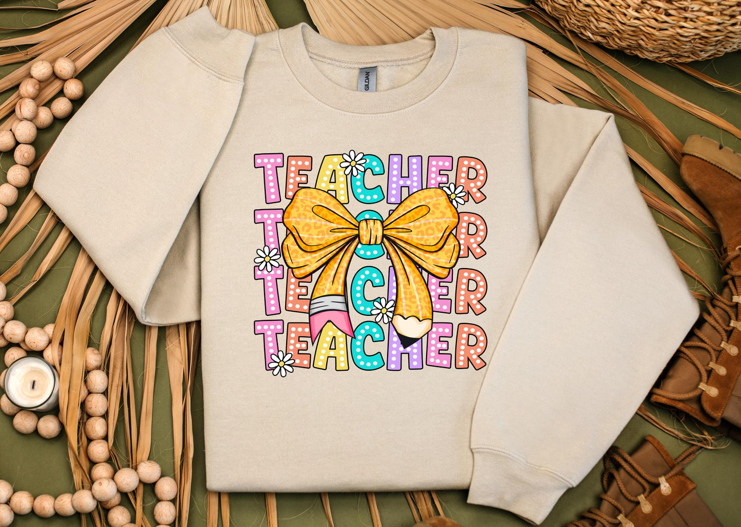 Coquette Teacher Sweatshirt | Back to School Teacher | Leopard Bow Pencil Daisy Aesthetic