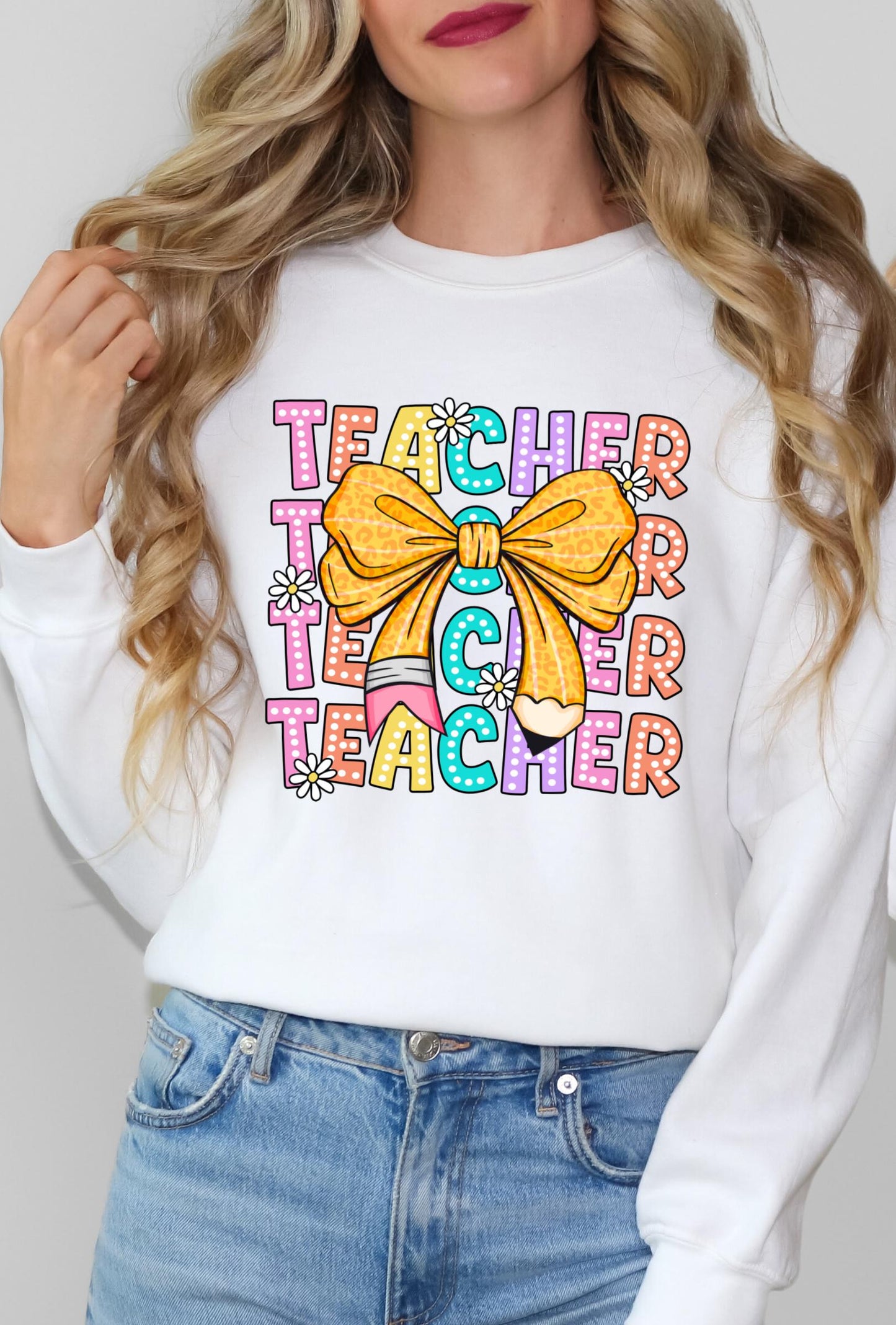 Coquette Teacher Sweatshirt | Back to School Teacher | Leopard Bow Pencil Daisy Aesthetic