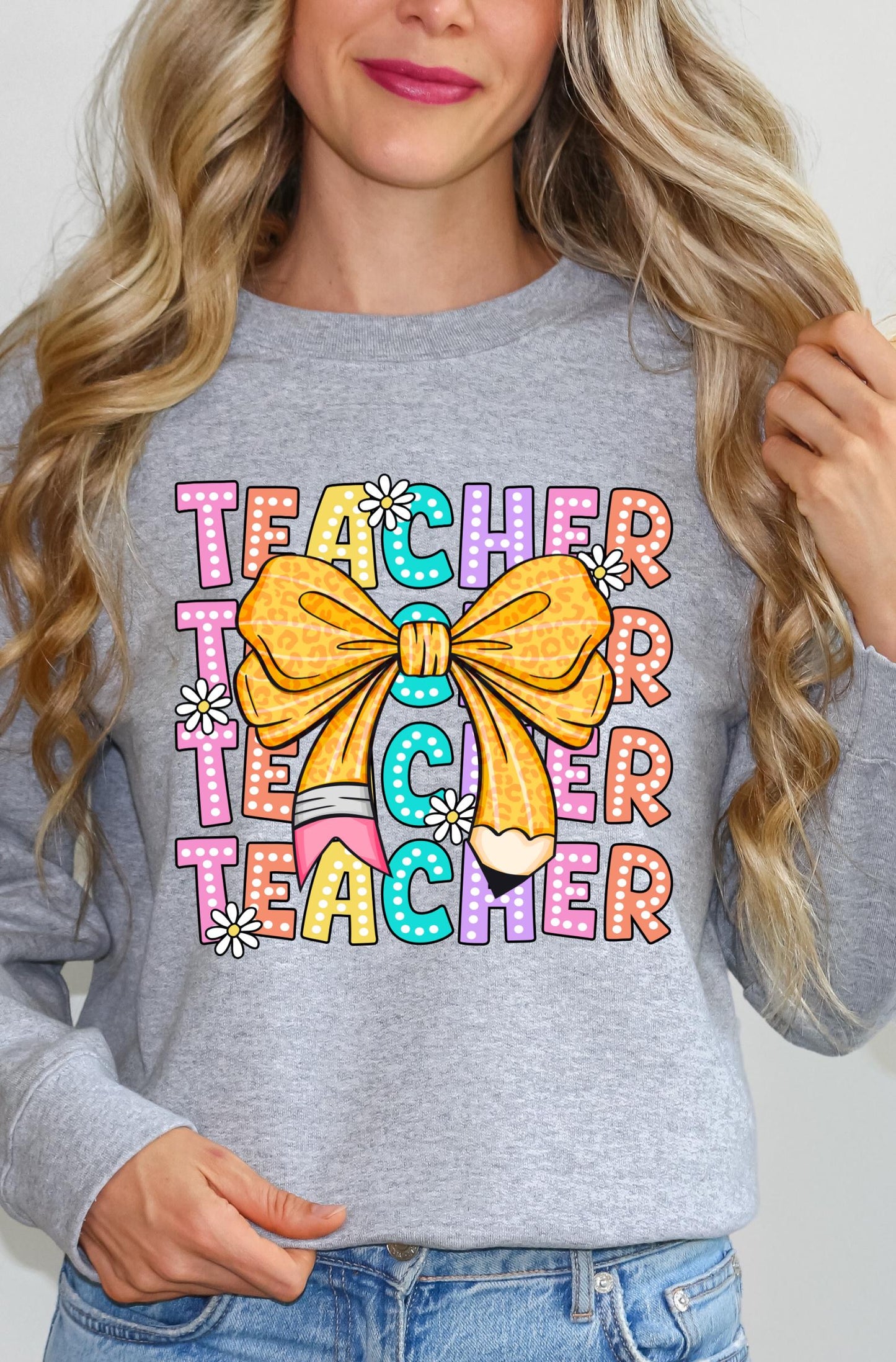 Coquette Teacher Sweatshirt | Back to School Teacher | Leopard Bow Pencil Daisy Aesthetic