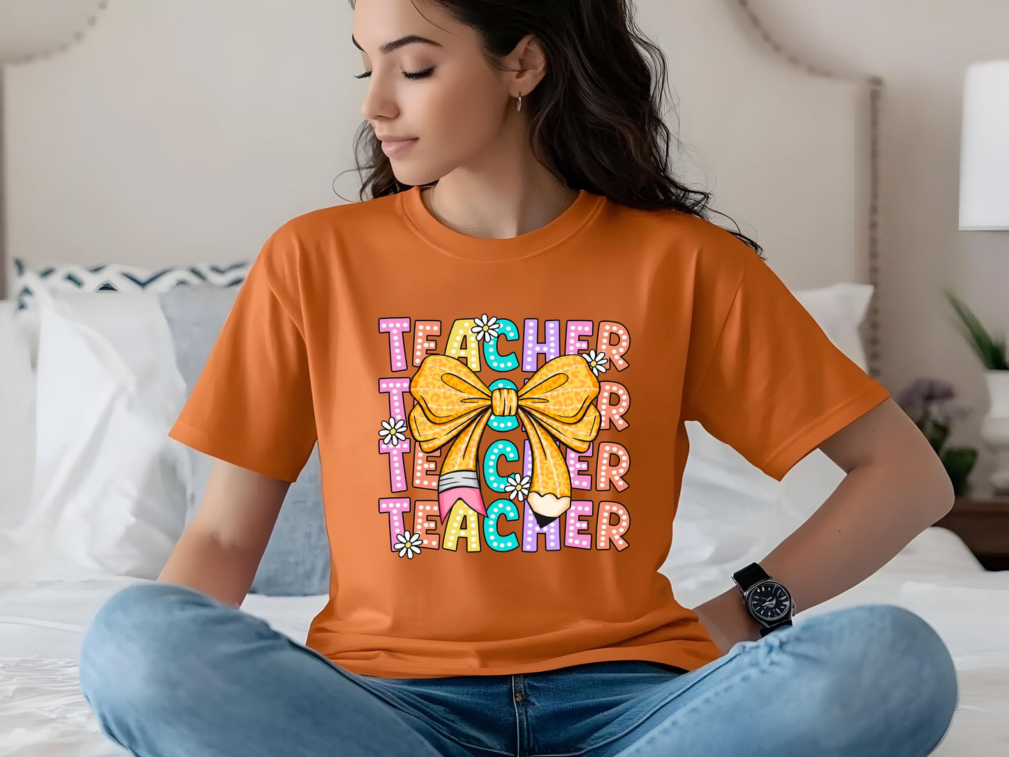 Comfort Colors Coquette Teacher Shirt | Back to School Teacher | Leopard Bow Pencil Daisy Aesthetic