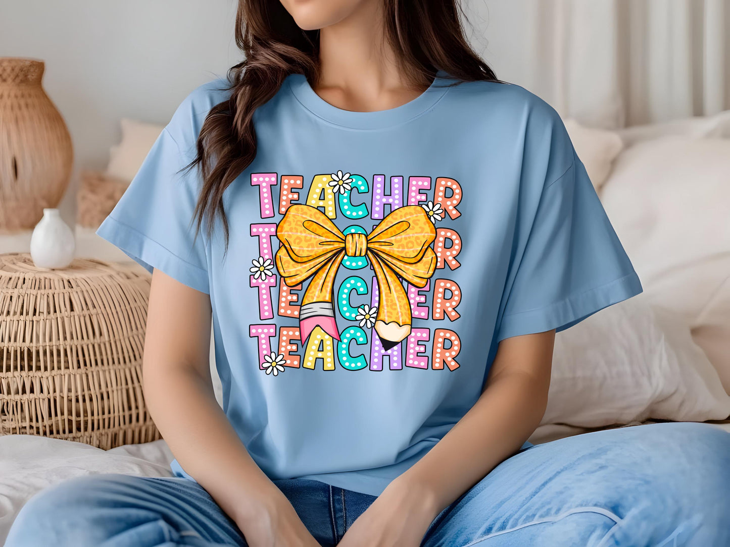Comfort Colors Coquette Teacher Shirt | Back to School Teacher | Leopard Bow Pencil Daisy Aesthetic