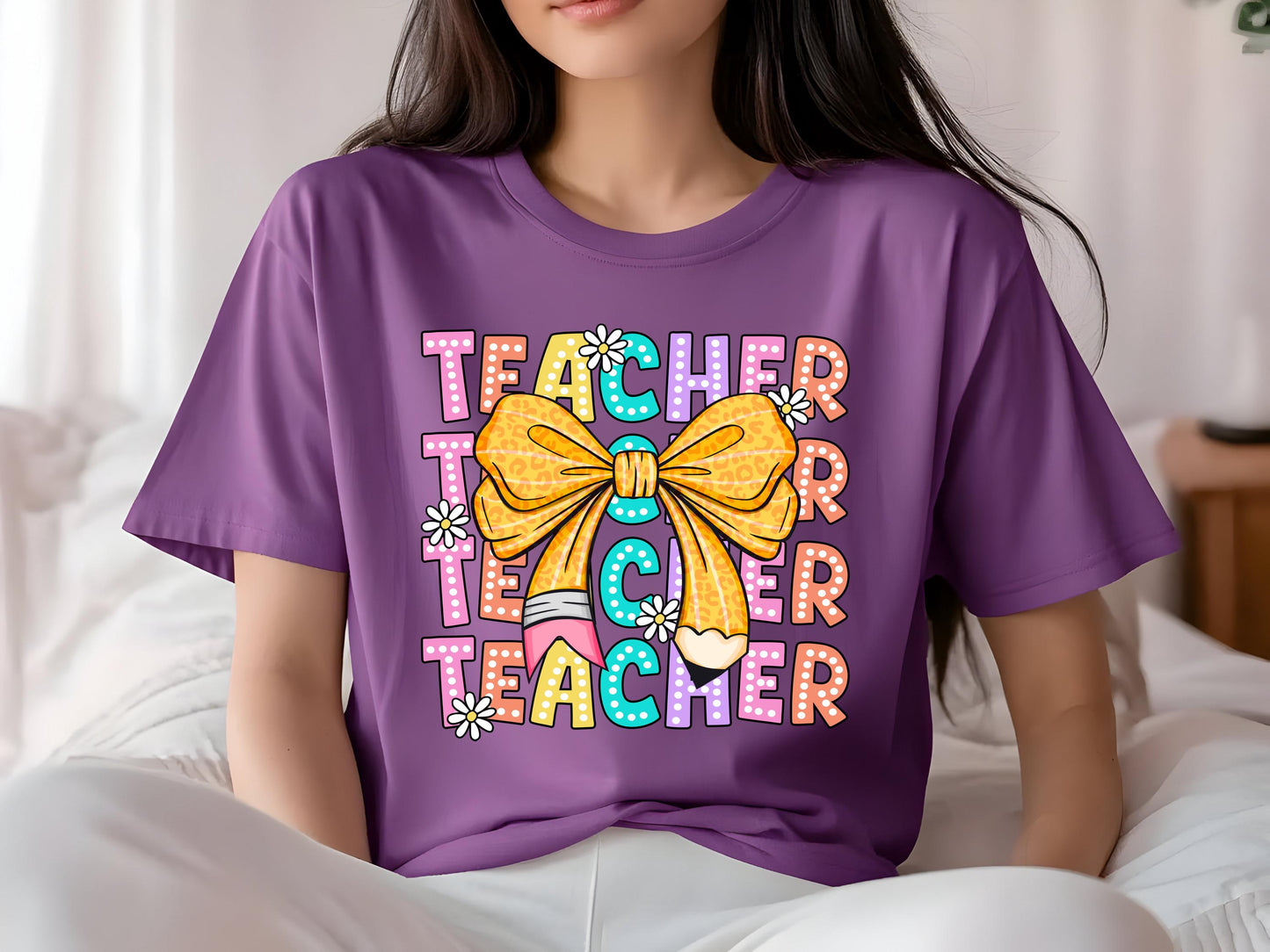 Comfort Colors Coquette Teacher Shirt | Back to School Teacher | Leopard Bow Pencil Daisy Aesthetic
