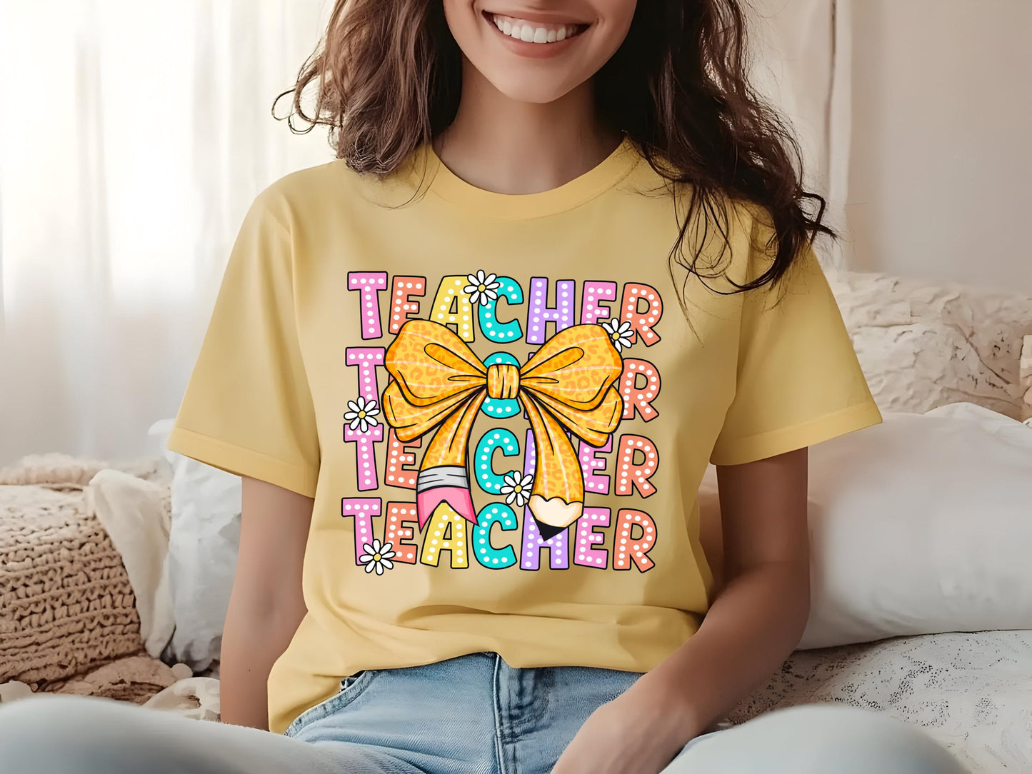 Comfort Colors Coquette Teacher Shirt | Back to School Teacher | Leopard Bow Pencil Daisy Aesthetic