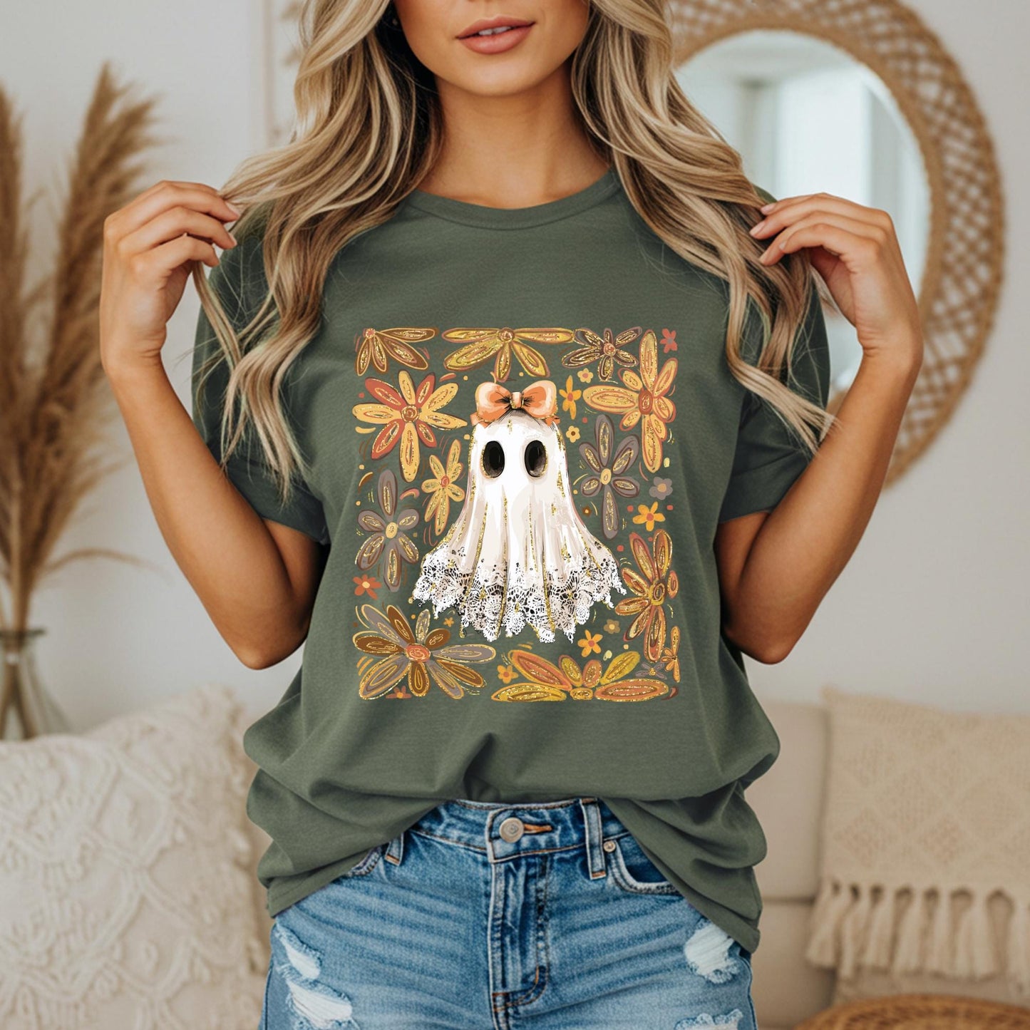 Lace Ghost with Bow Boho Floral Design Comfort Colors Shirt
