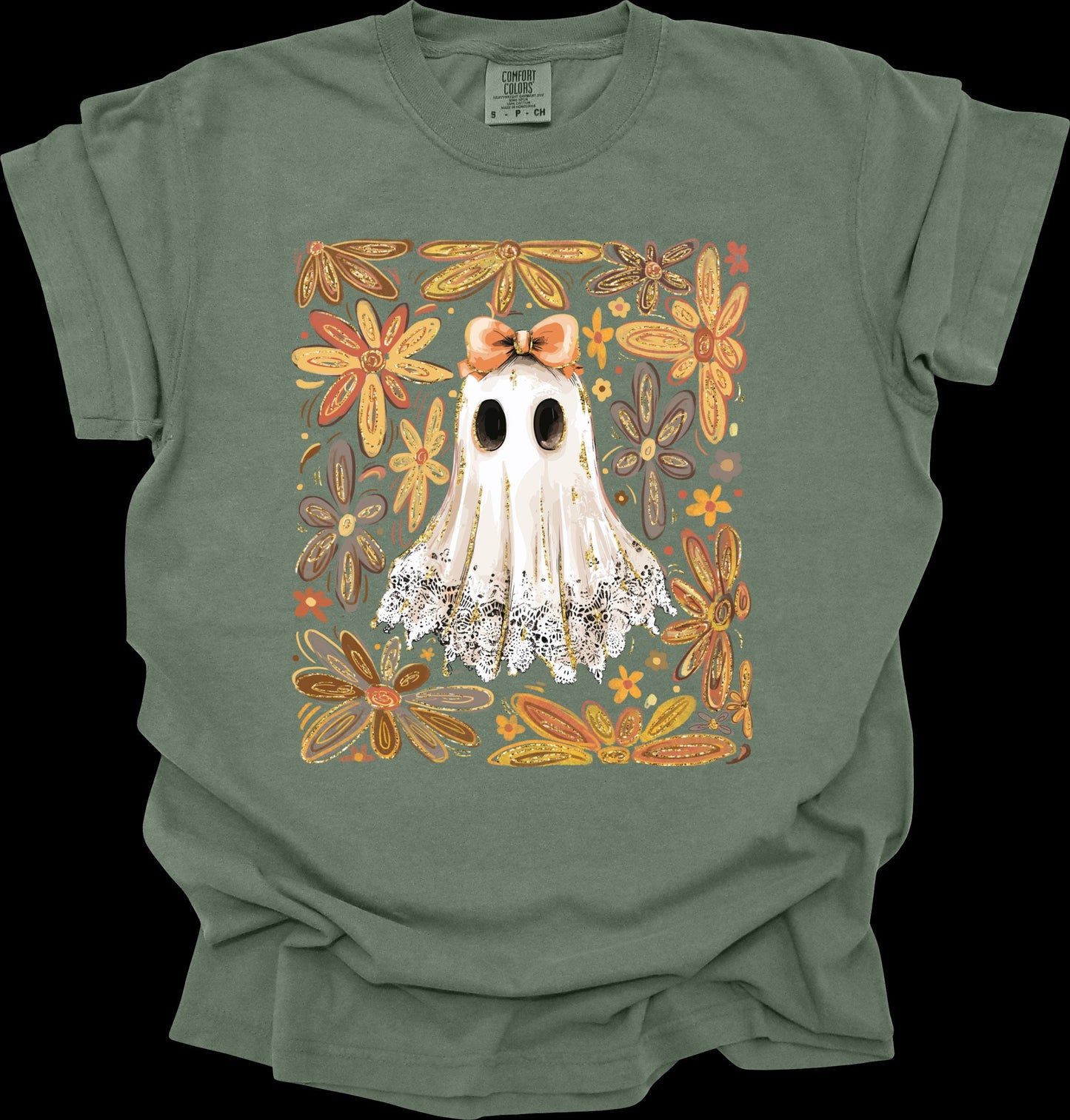 Lace Ghost with Bow Boho Floral Design Comfort Colors Shirt