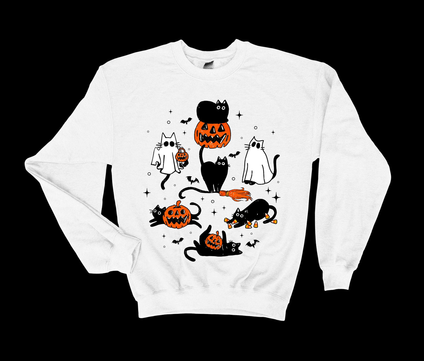 Halloween Cats Sweatshirt, Ghost Cats and Pumpkins Sweatshirt