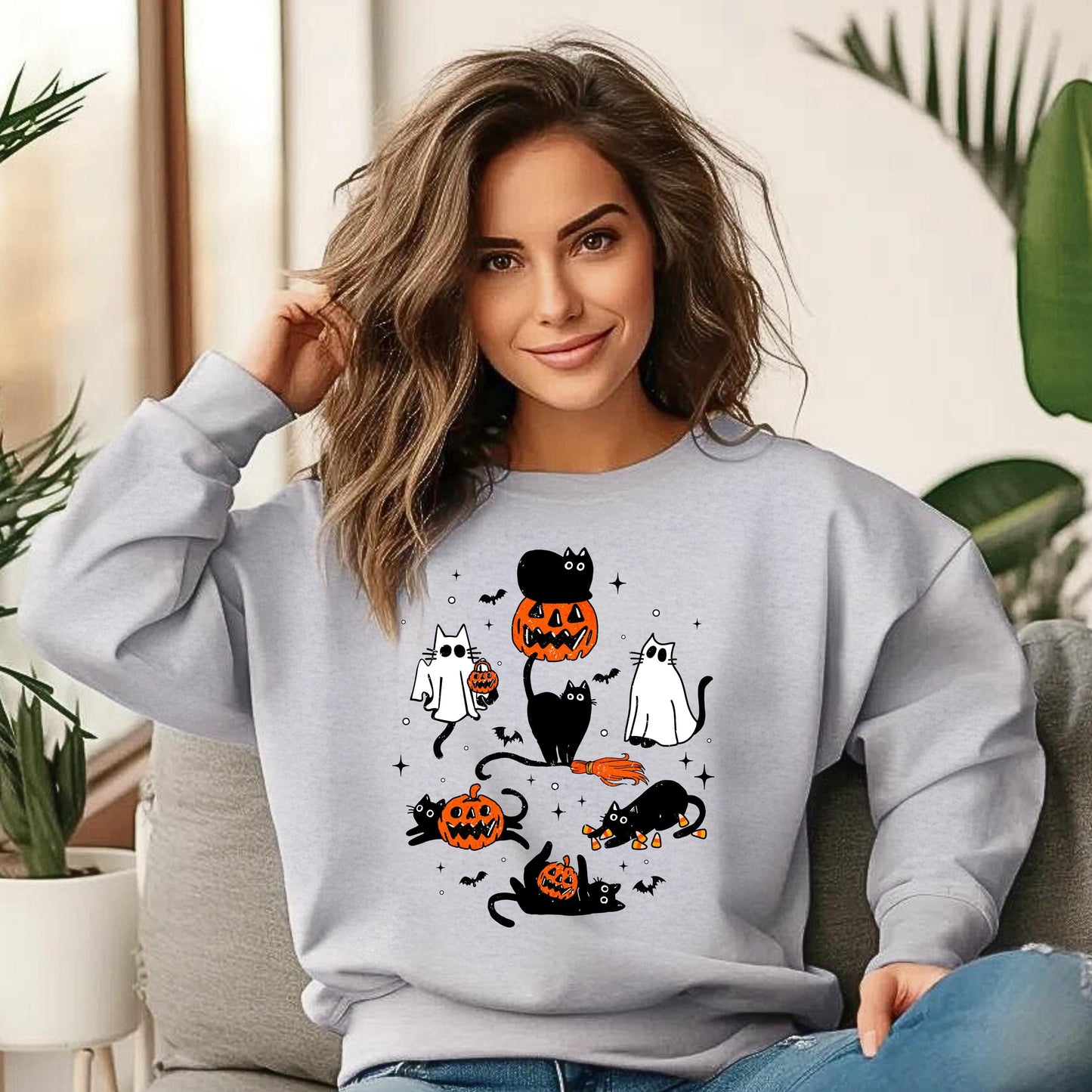 Halloween Cats Sweatshirt, Ghost Cats and Pumpkins Sweatshirt