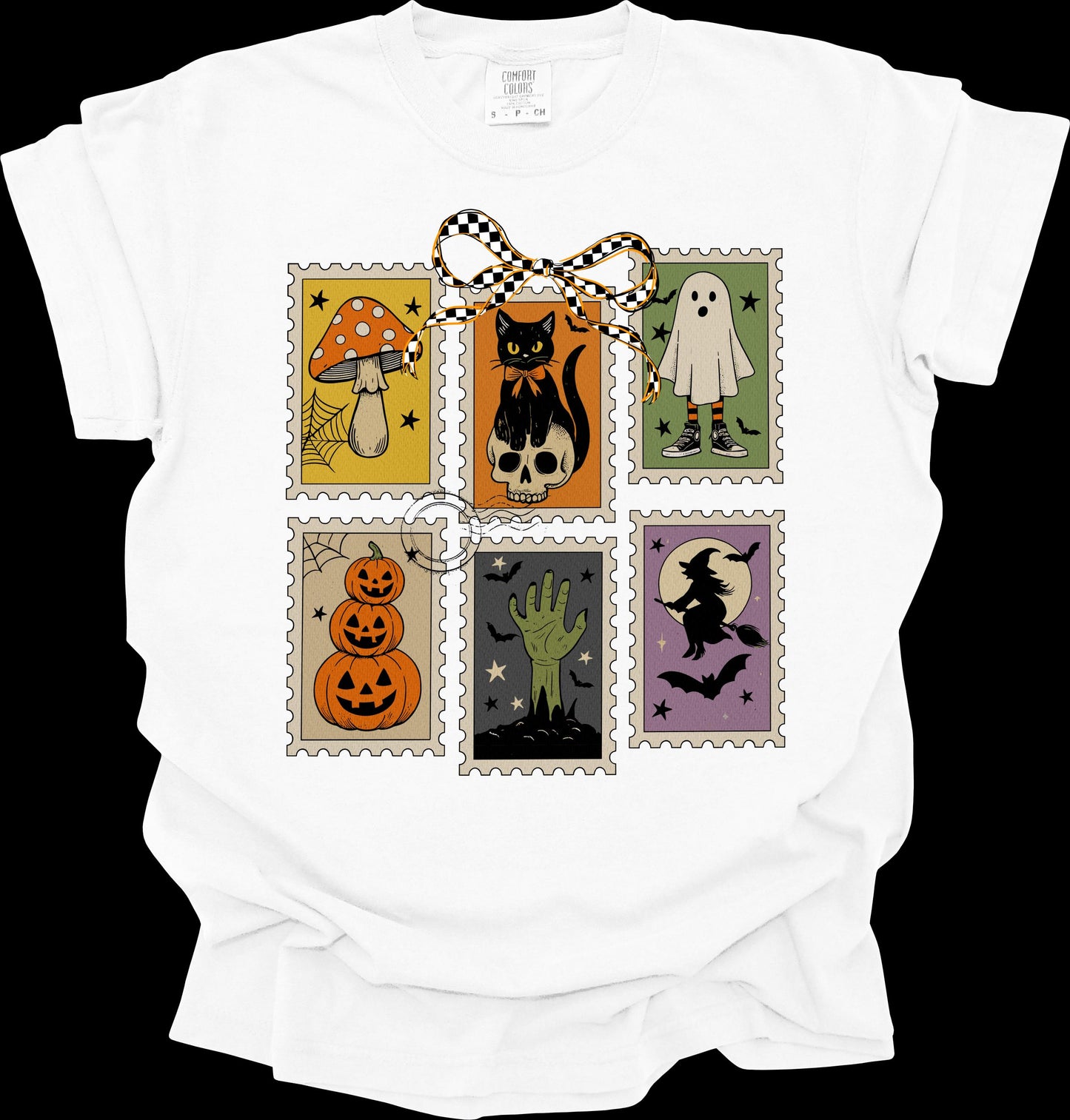 Halloween Stamps Comfort Colors Shirt, Ghost Boo, Pumpkin Bow, Black Cat, Witch Bat