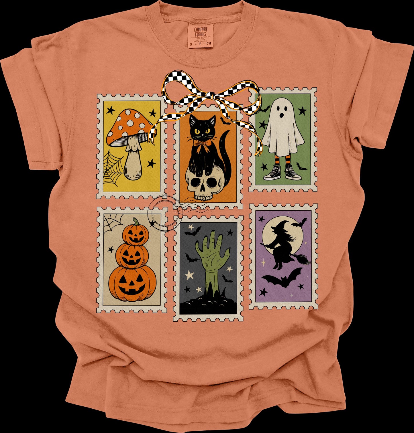 Halloween Stamps Comfort Colors Shirt, Ghost Boo, Pumpkin Bow, Black Cat, Witch Bat