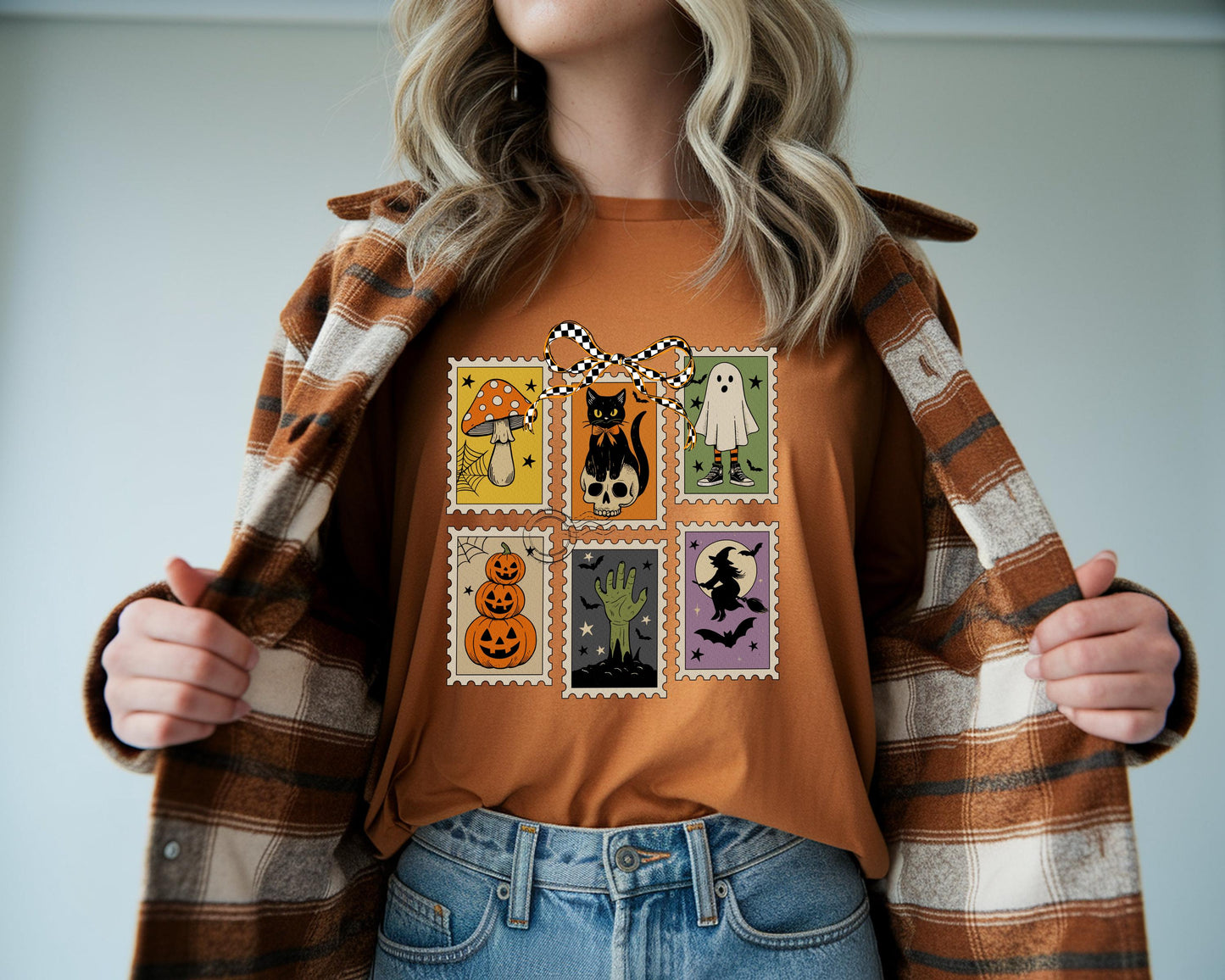 Halloween Stamps Comfort Colors Shirt, Ghost Boo, Pumpkin Bow, Black Cat, Witch Bat