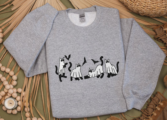 Cat Ghost Halloween Embroidered Sweatshirt
