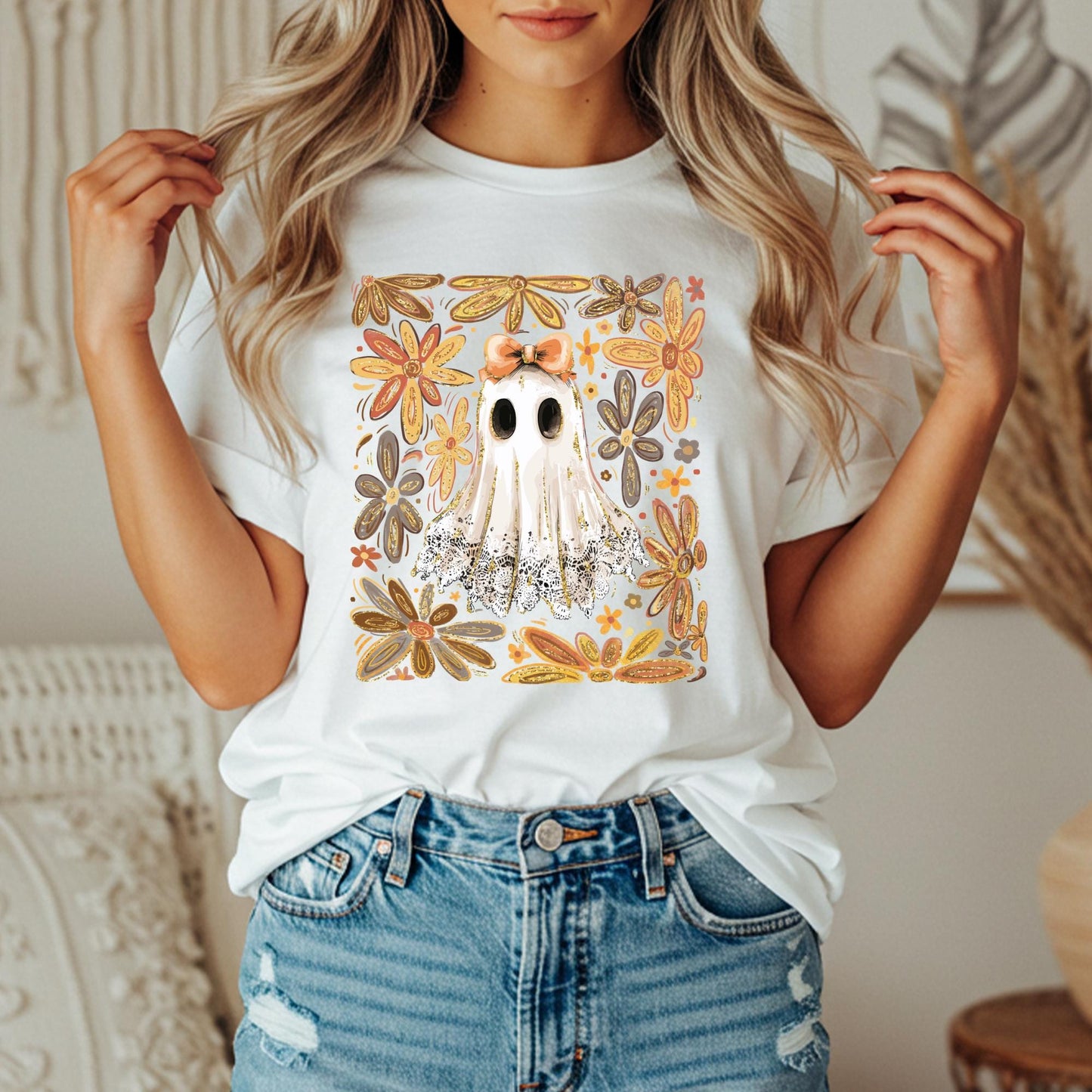 Lace Ghost with Bow Boho Floral Design Comfort Colors Shirt