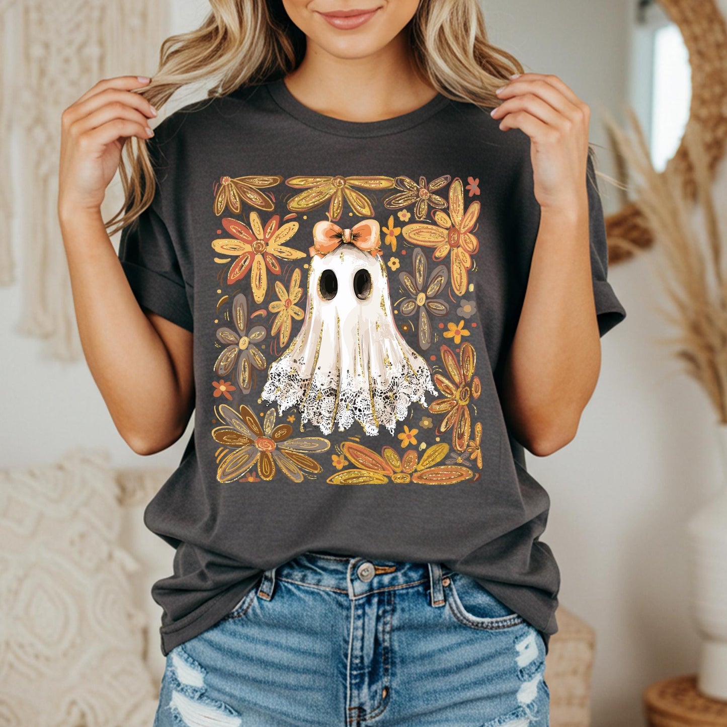 Lace Ghost with Bow Boho Floral Design Comfort Colors Shirt