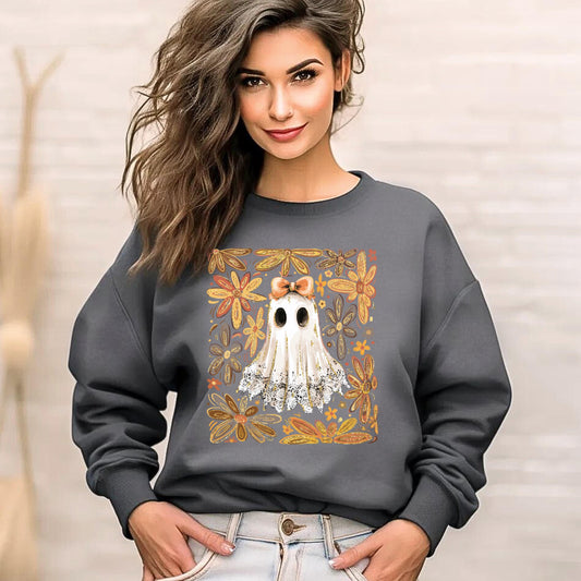 Lace Ghost with Bow Halloween Sweatshirt, Boho Floral Lace Halloween
