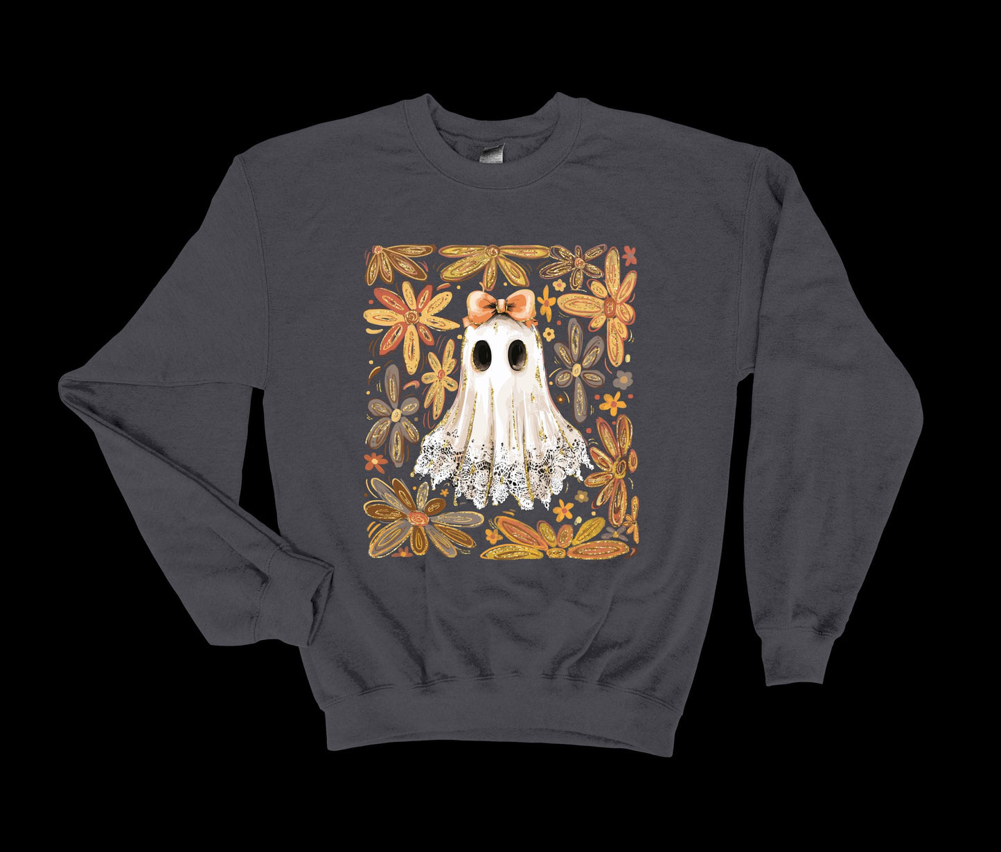 Lace Ghost with Bow Halloween Sweatshirt, Boho Floral Lace Halloween