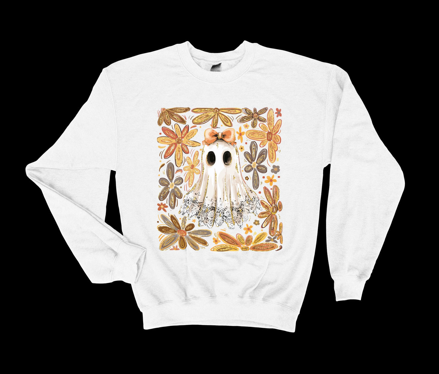 Lace Ghost with Bow Halloween Sweatshirt, Boho Floral Lace Halloween