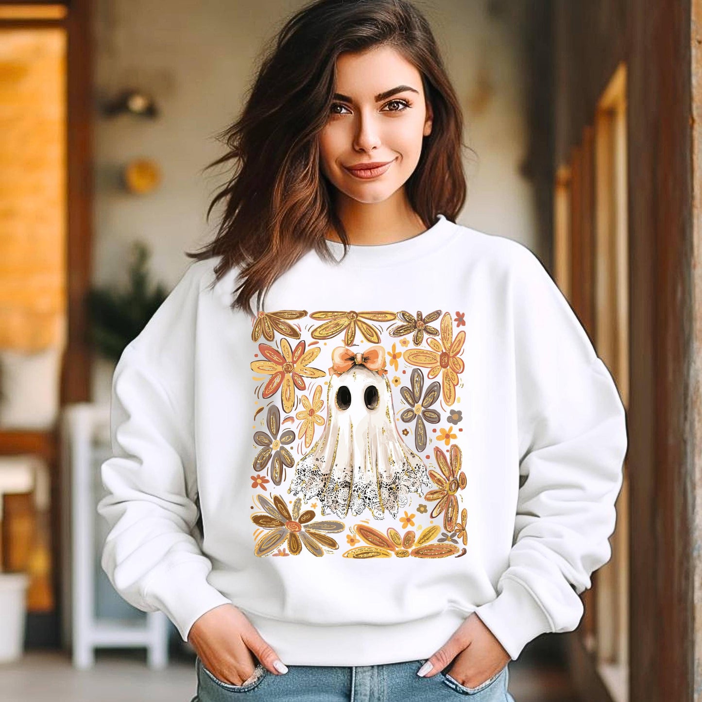 Lace Ghost with Bow Halloween Sweatshirt, Boho Floral Lace Halloween