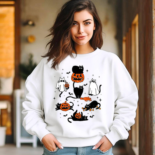 Halloween Cats Sweatshirt, Ghost Cats and Pumpkins Sweatshirt