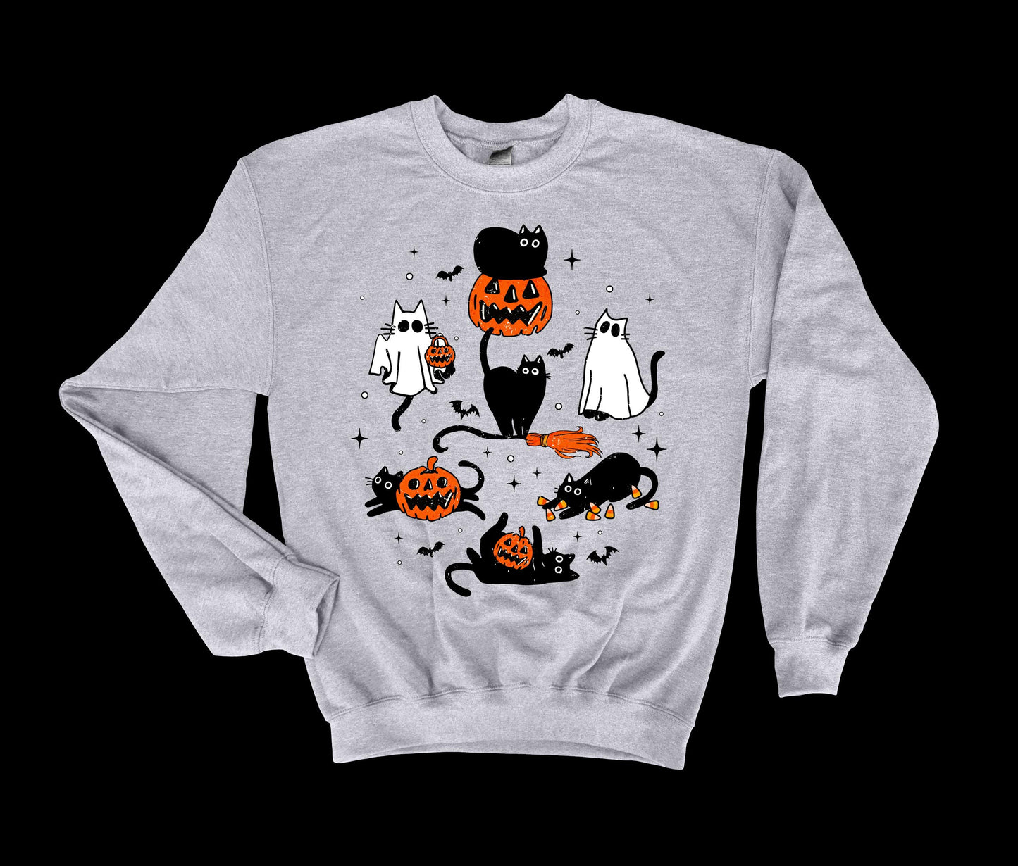 Halloween Cats Sweatshirt, Ghost Cats and Pumpkins Sweatshirt