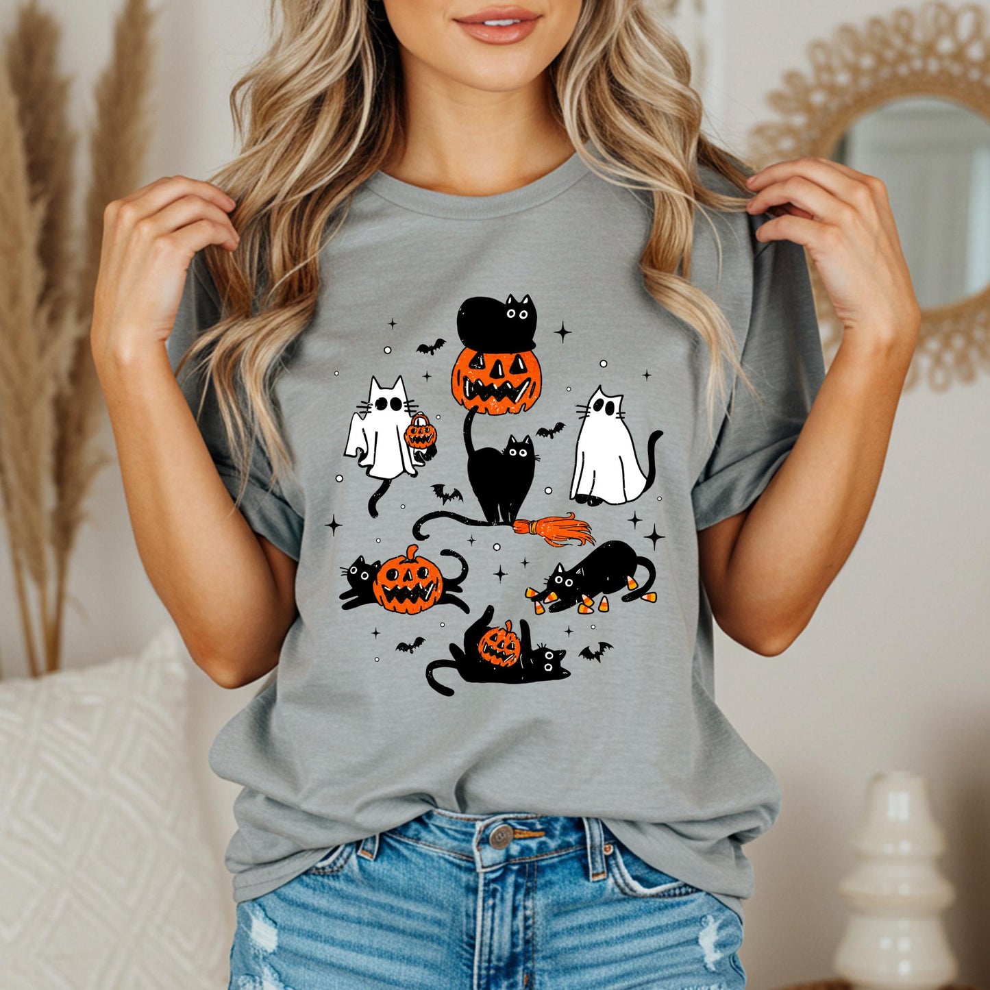 Halloween Cats and Pumpkins Comfort Colors Shirt , Ghost Cats