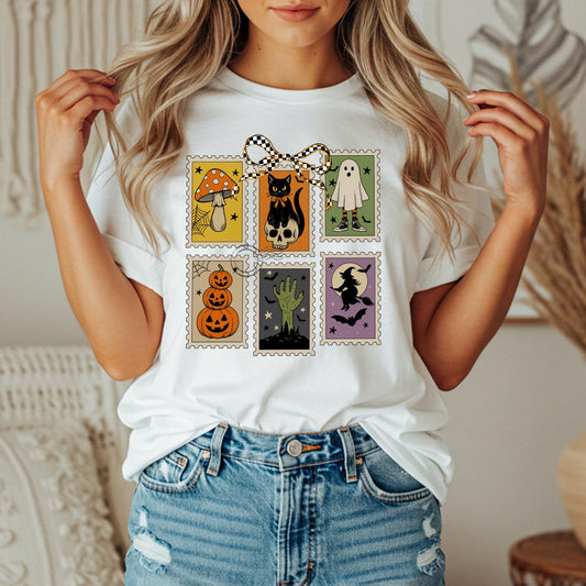 Halloween Stamps Comfort Colors Shirt, Ghost Boo, Pumpkin Bow, Black Cat, Witch Bat