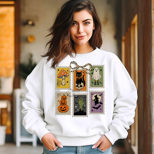 Halloween Stamps Sweatshirt, Ghost Boo, Black Cat, Witch, Pumpkin