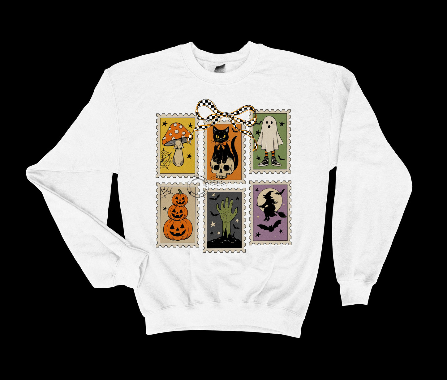 Halloween Stamps Sweatshirt, Ghost Boo, Black Cat, Witch, Pumpkin