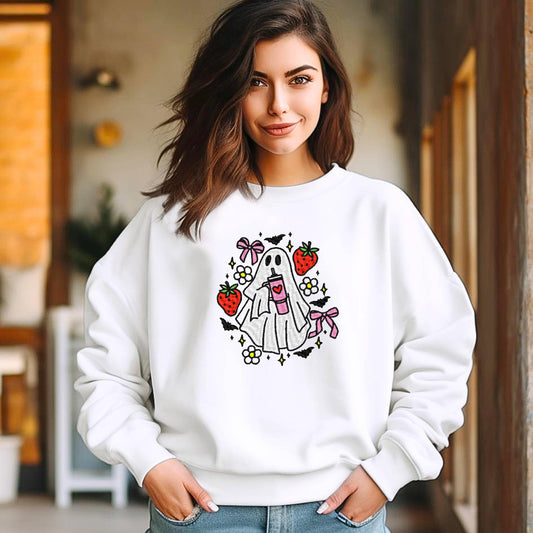 Coquette Ghost with Strawberries Halloween Embroidered Sweatshirt