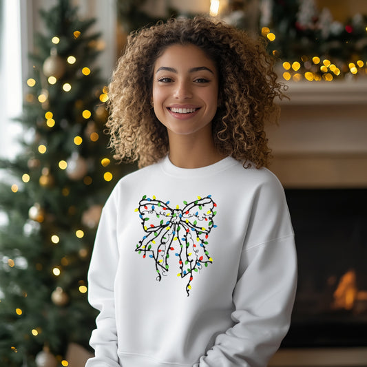 Coquette Christmas Bow with Lights Embroidered Sweatshirt,  Christmas Sweatshirt