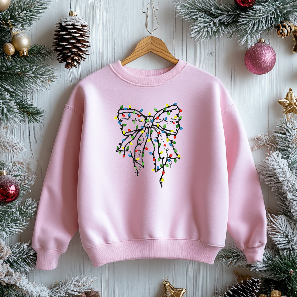 Coquette Christmas Bow with Lights Embroidered Sweatshirt,  Christmas Sweatshirt