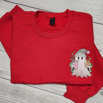 Christmas Ghost with Iced Coffee Embroidered Sweatshirt