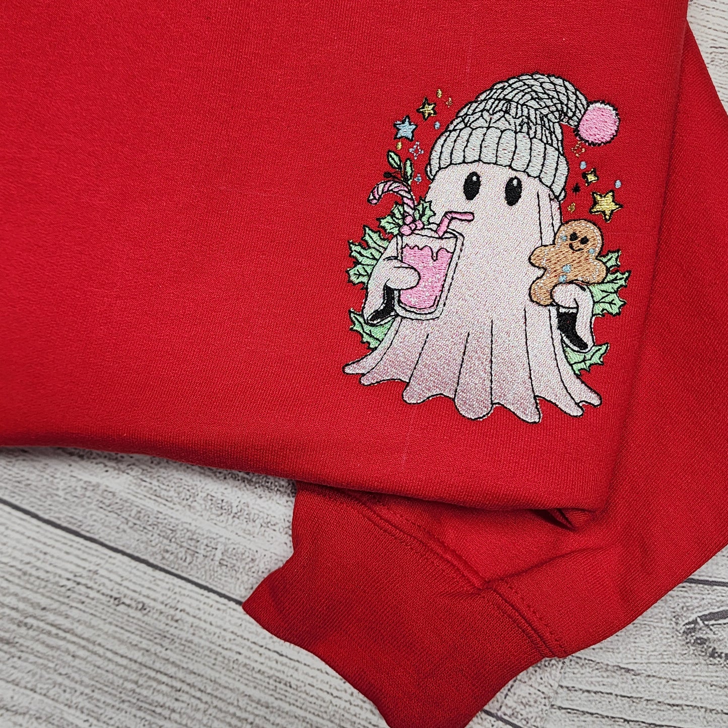 Christmas Ghost with Iced Coffee Embroidered Sweatshirt