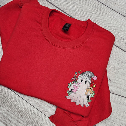 Christmas Ghost with Iced Coffee Embroidered Sweatshirt