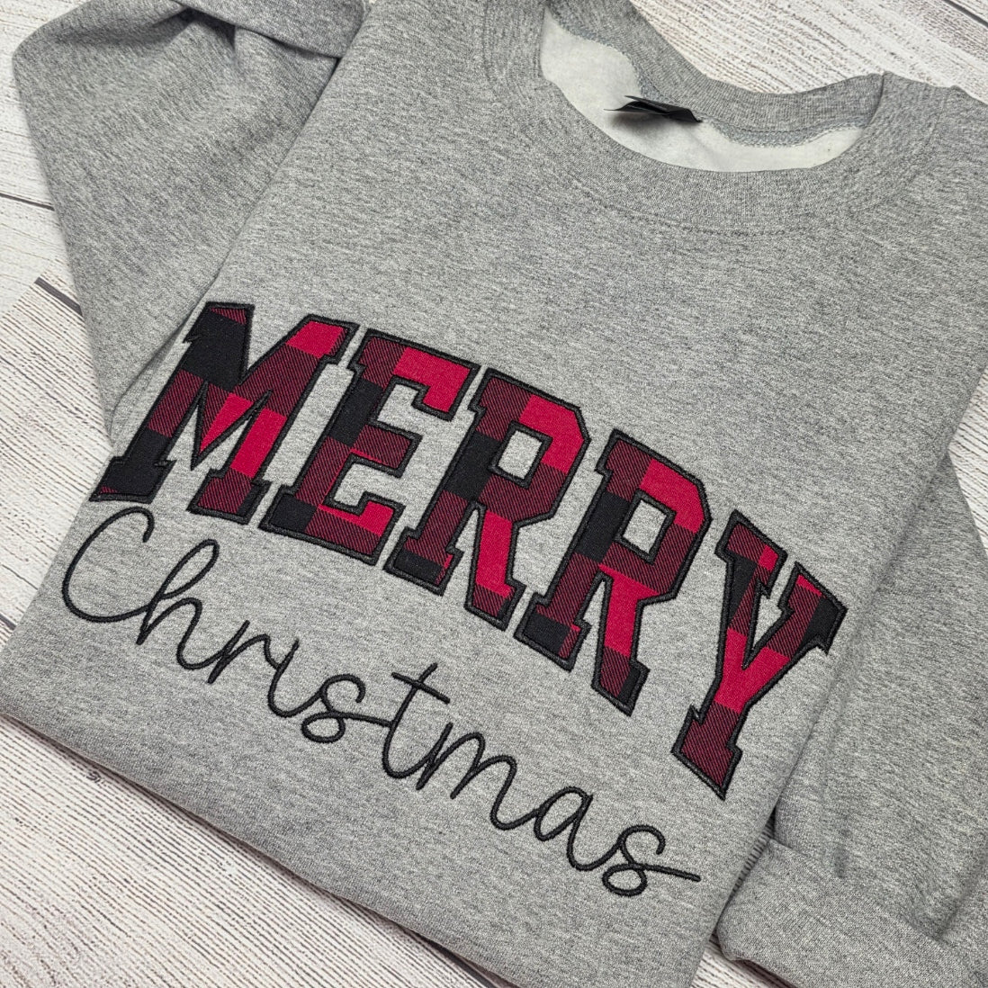 Merry Christmas Plaid Embroidered Sweatshirt.