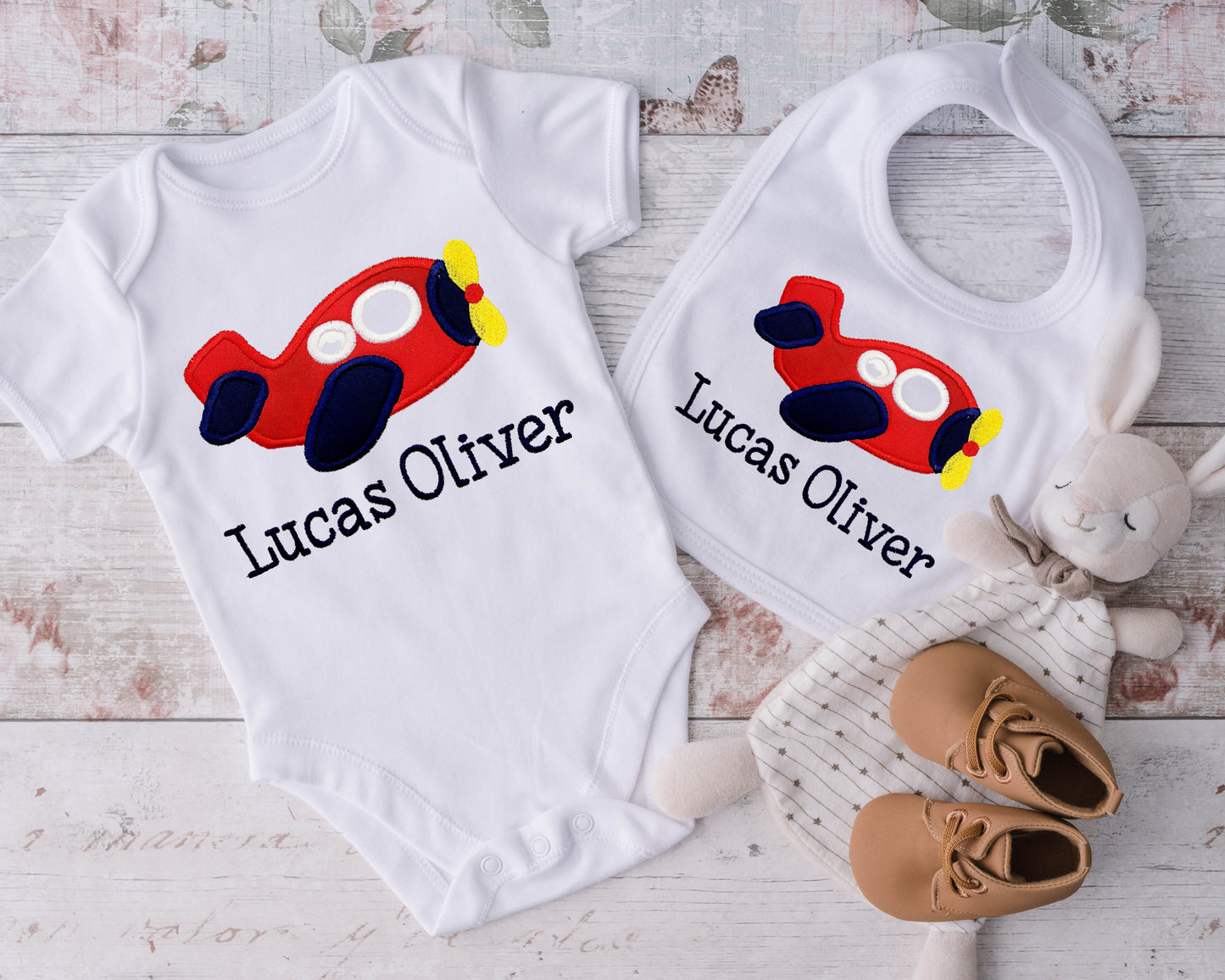 Airplane Onesie and Bib Set Personalized