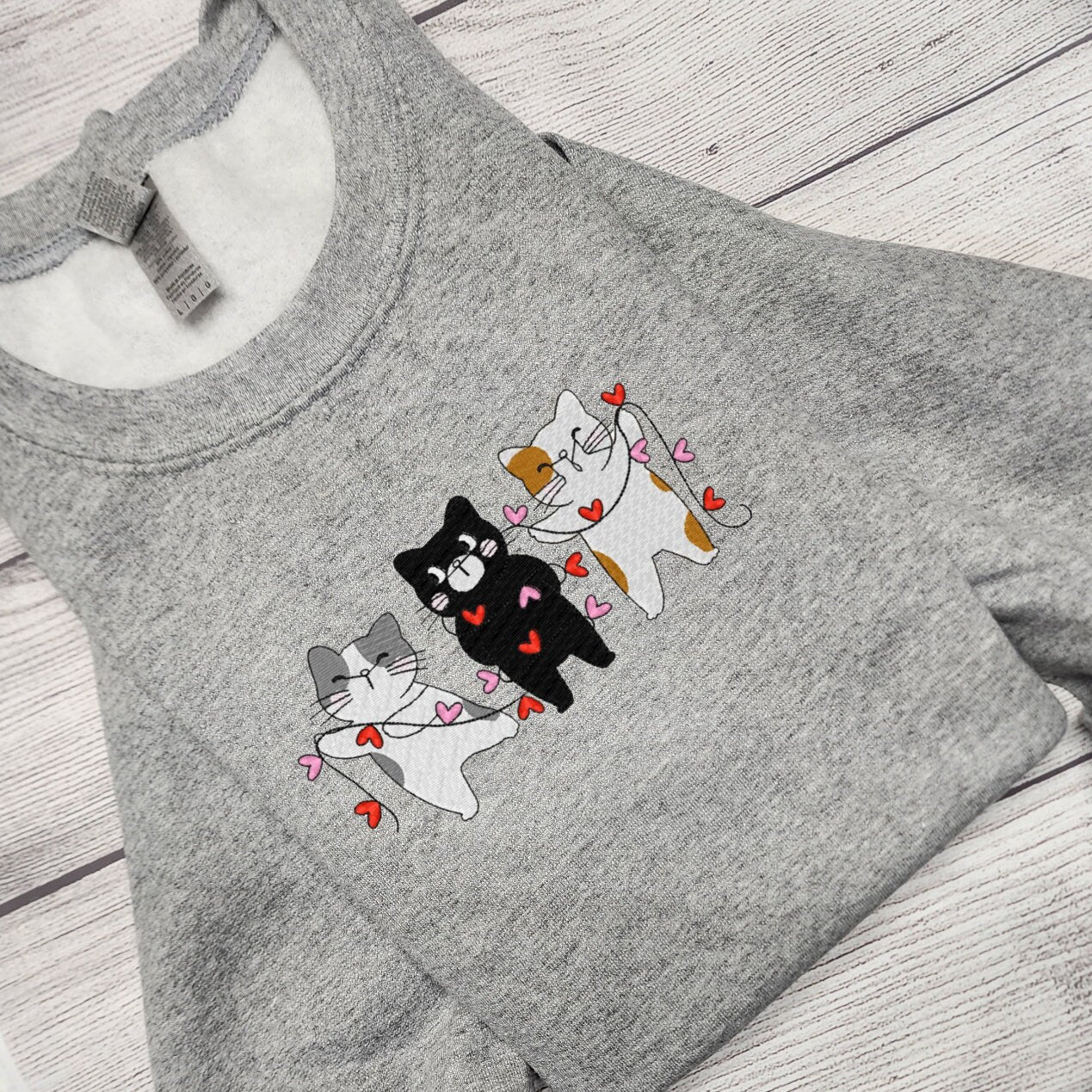 Valentine Cats Embroidered Sweatshirt, Crewneck Sweatshirt