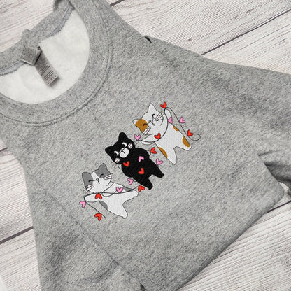 Valentine Cats Embroidered Sweatshirt, Crewneck Sweatshirt
