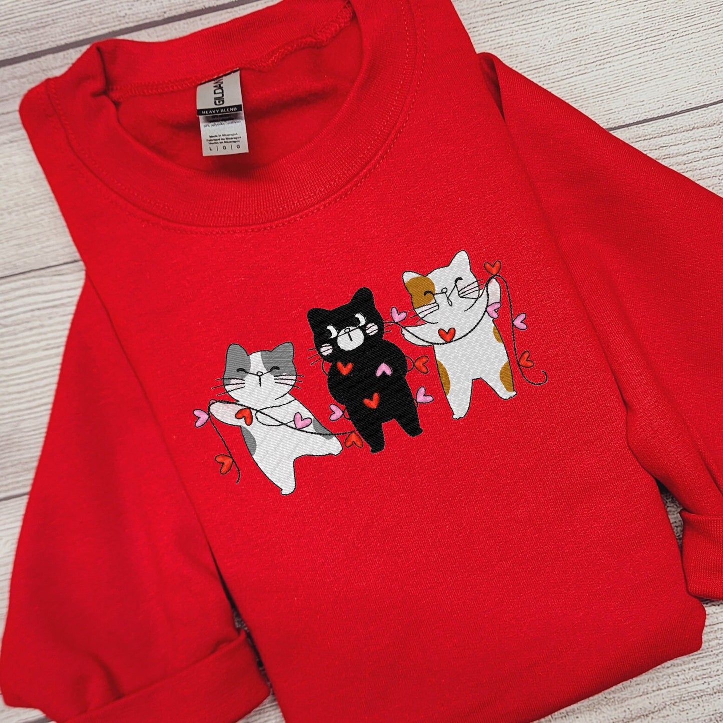 Valentine Cats Embroidered Sweatshirt, Crewneck Sweatshirt