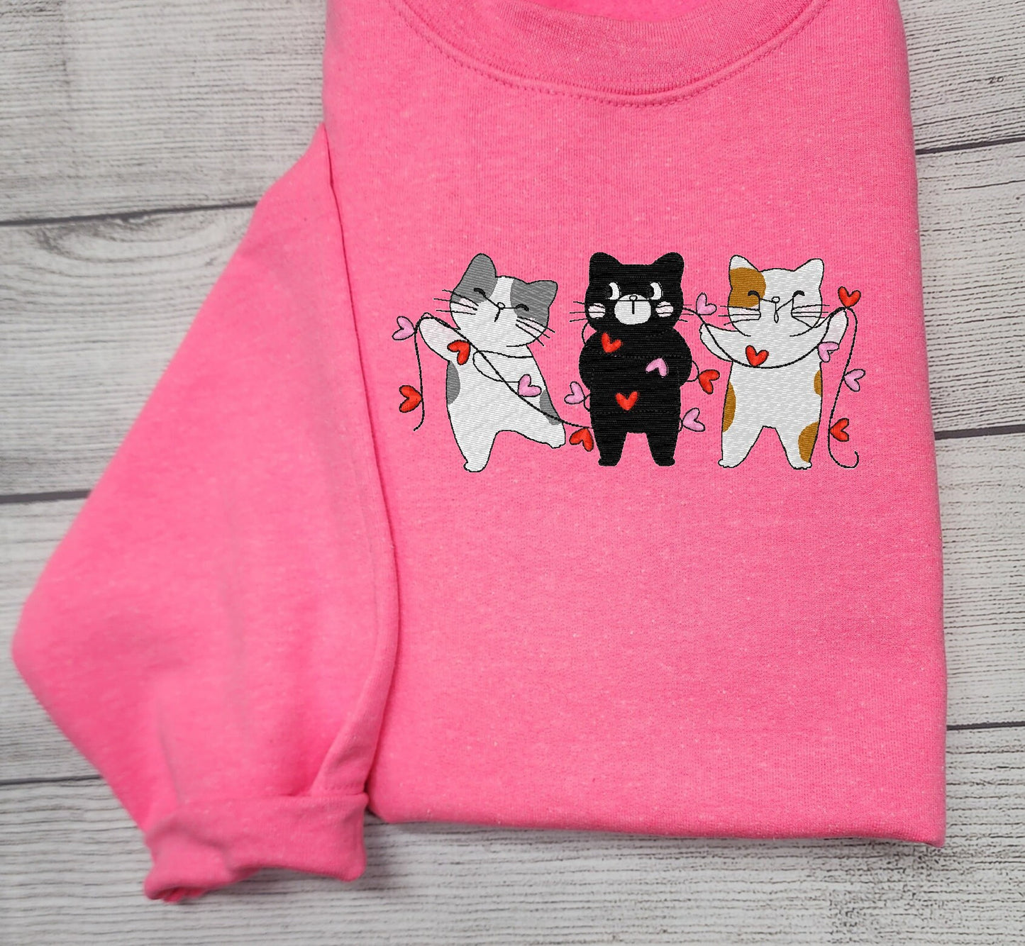 Valentine Cats Embroidered Sweatshirt, Crewneck Sweatshirt