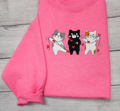 Valentine Cats Embroidered Sweatshirt, Crewneck Sweatshirt