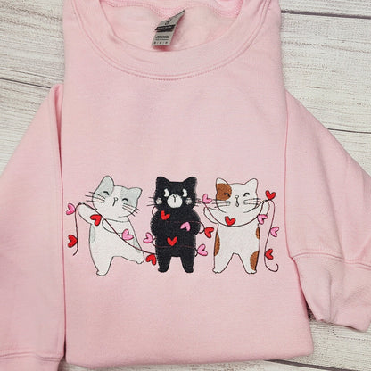 Valentine Cats Embroidered Sweatshirt, Crewneck Sweatshirt