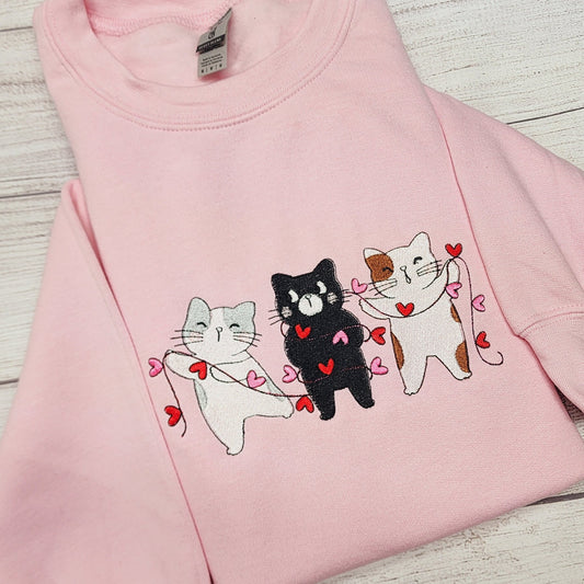 Valentine Cats Embroidered Sweatshirt, Crewneck Sweatshirt