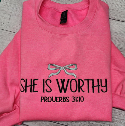 She Is Worthy Embroidered Sweatshirt, Christian Sweatshirt
