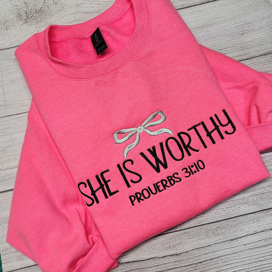 She Is Worthy Embroidered Sweatshirt, Christian Sweatshirt